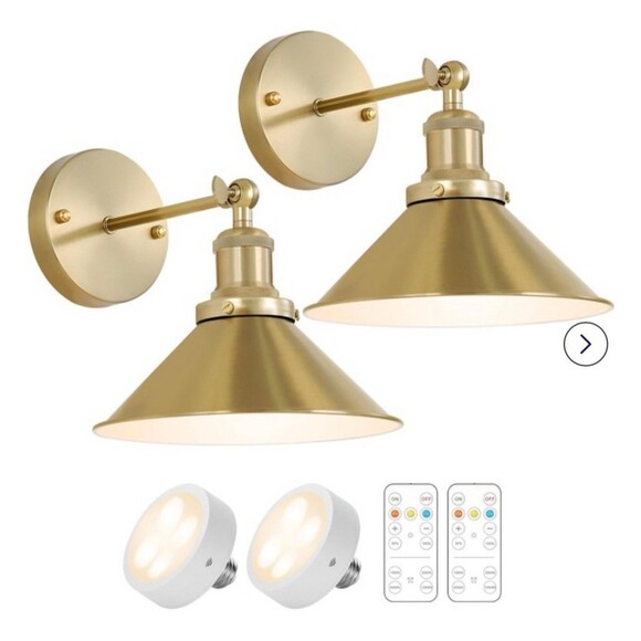 Gold Wireless Battery Operated Wall Sconces, Industrial Cordless Battery - 2 - Picture 1 of 4